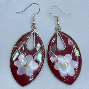 Vintage Taxco Mexico MOP Inlay Earrings Red Abalone Silver Boho Dangle